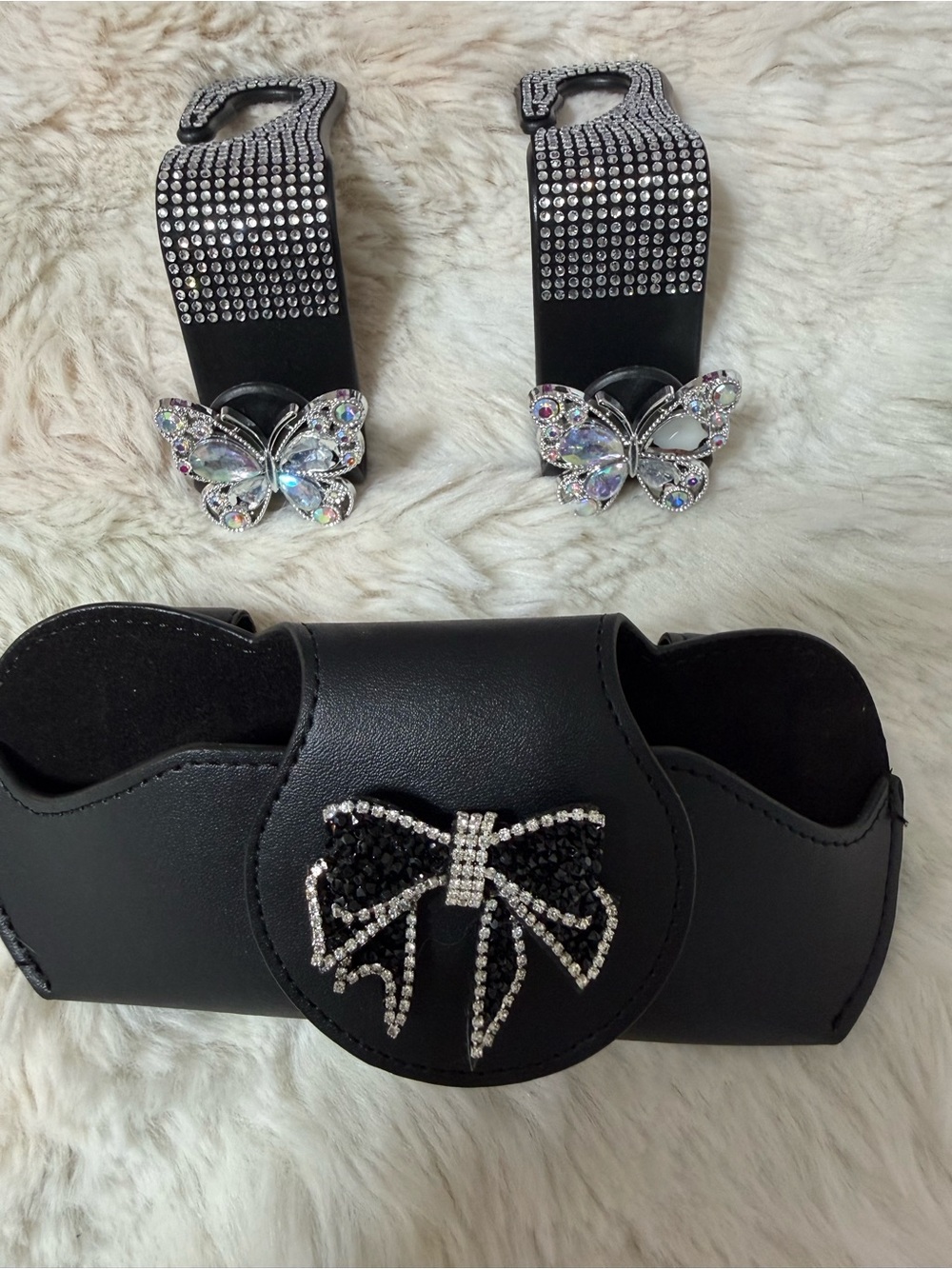 Crystal Butterfly Black Sunglass Holder and Strap Set car accessories